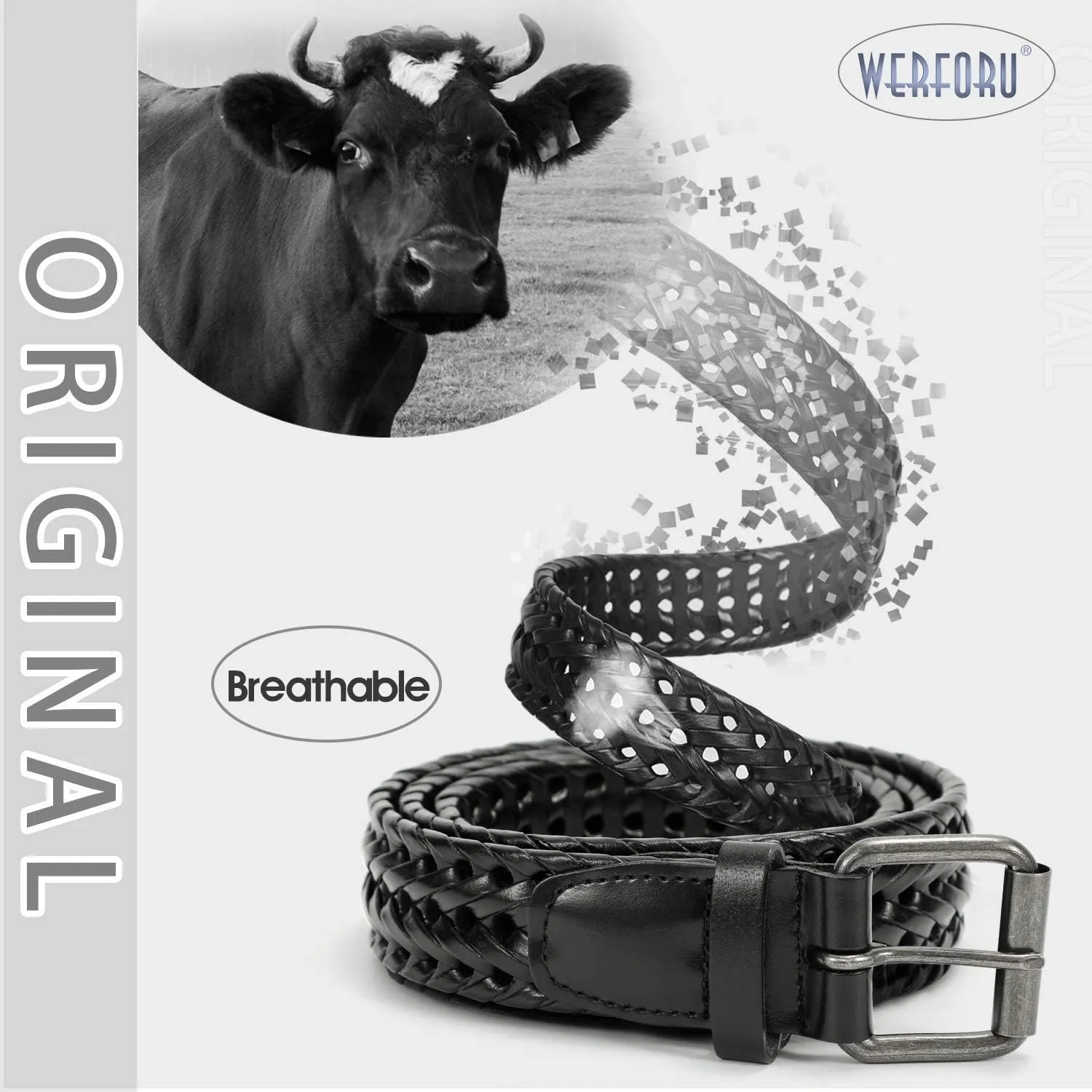 WERFORU Men’s Leather Braided Belt, Cowhide Leather Woven Belt for Jeans 1.3 Inch Wide with Prong Buckle