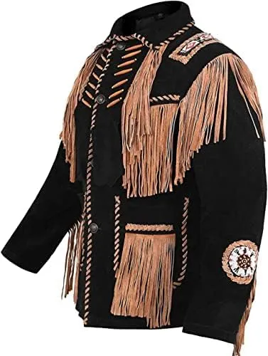 Western Cowboy Fringes Suede Leather Jacket for Men's - Native American and Bikers Style Classic Fashion Coat -Black