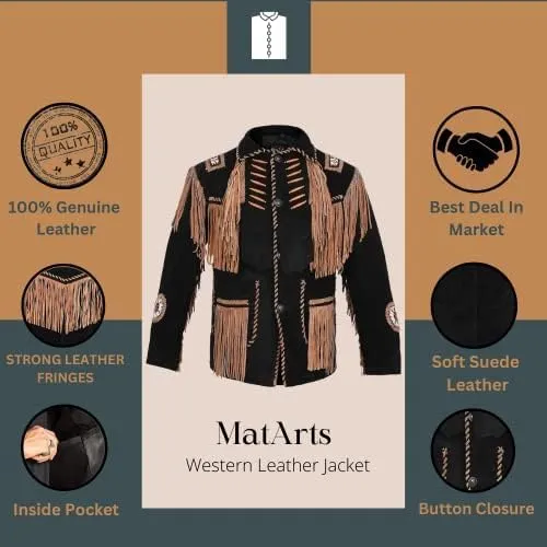 Western Cowboy Fringes Suede Leather Jacket for Men's - Native American and Bikers Style Classic Fashion Coat -Black
