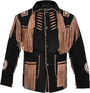 Western Cowboy Fringes Suede Leather Jacket for Men's - Native American and Bikers Style Classic Fashion Coat -Black