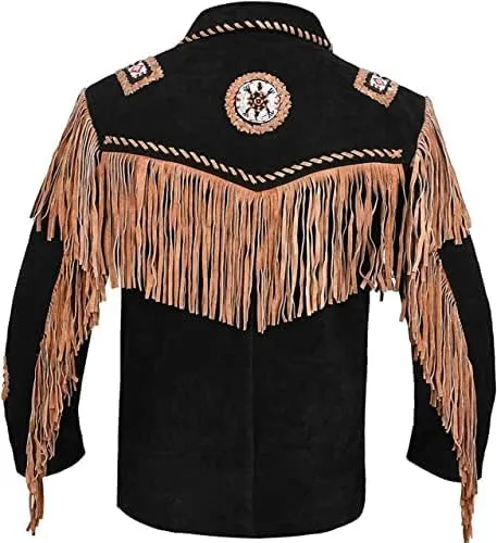 Western Cowboy Fringes Suede Leather Jacket for Men's - Native American and Bikers Style Classic Fashion Coat -Black