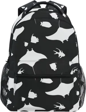 White Stingray and Tropical Fish Boys Girls Kids School Backpacks Bookbag, School Bag Travel Backpack Daypack
