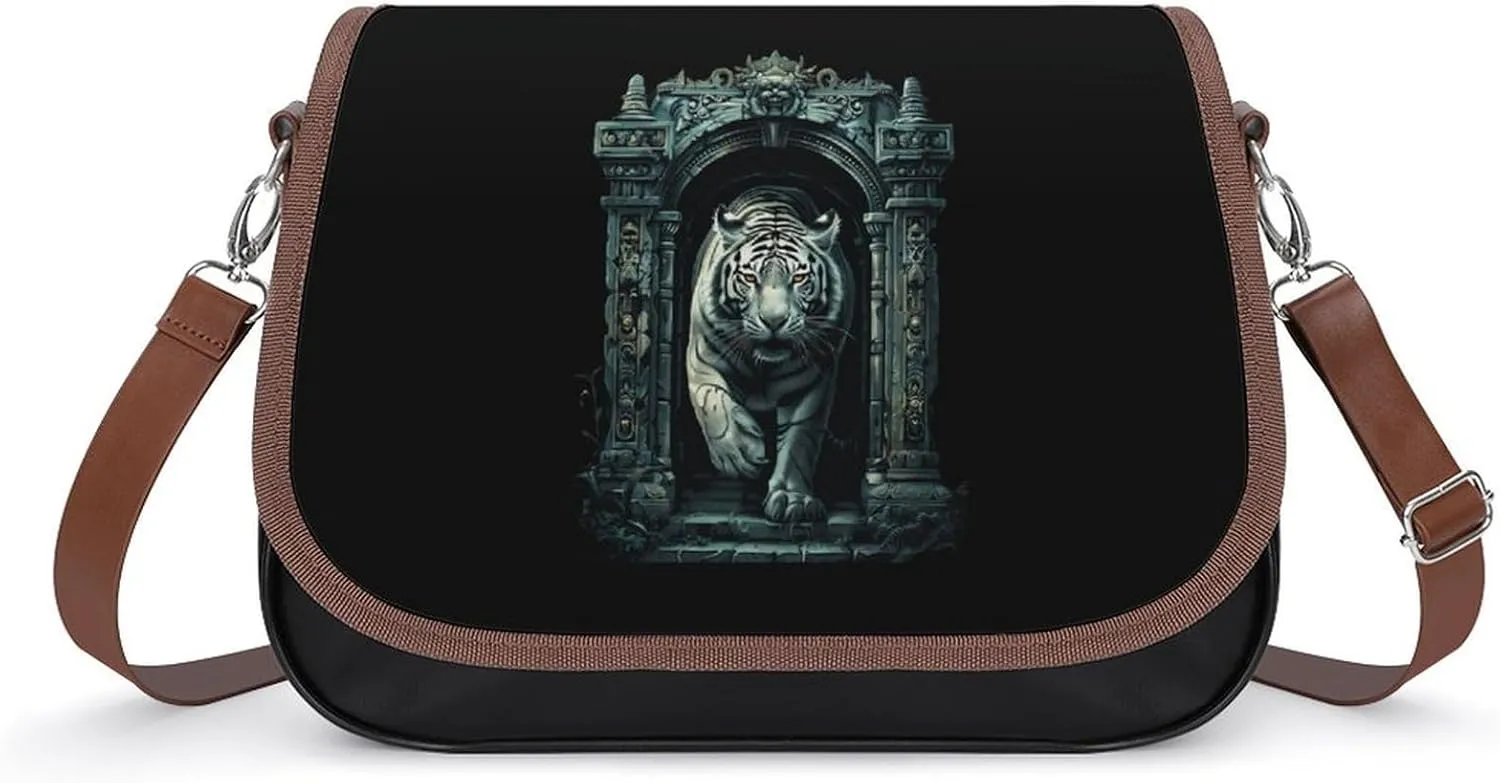 White Tiger Architecture Women's Crossbody Bag PU Leather Message Bag Shoulder Handbag Purse for Travel Office