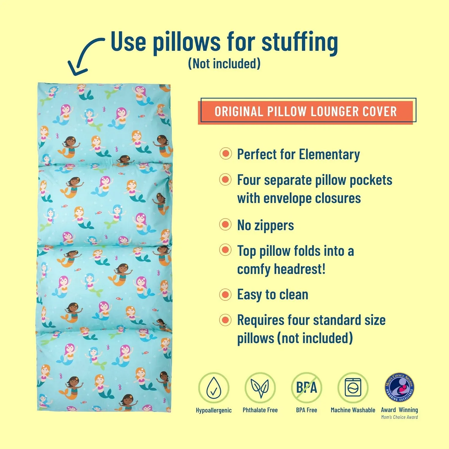 Wildkin Kids Floor Lounger – Pillow Lounger, Travel-Friendly, Ideal for Sleepovers, Fits Standard Pillows - Mermaids