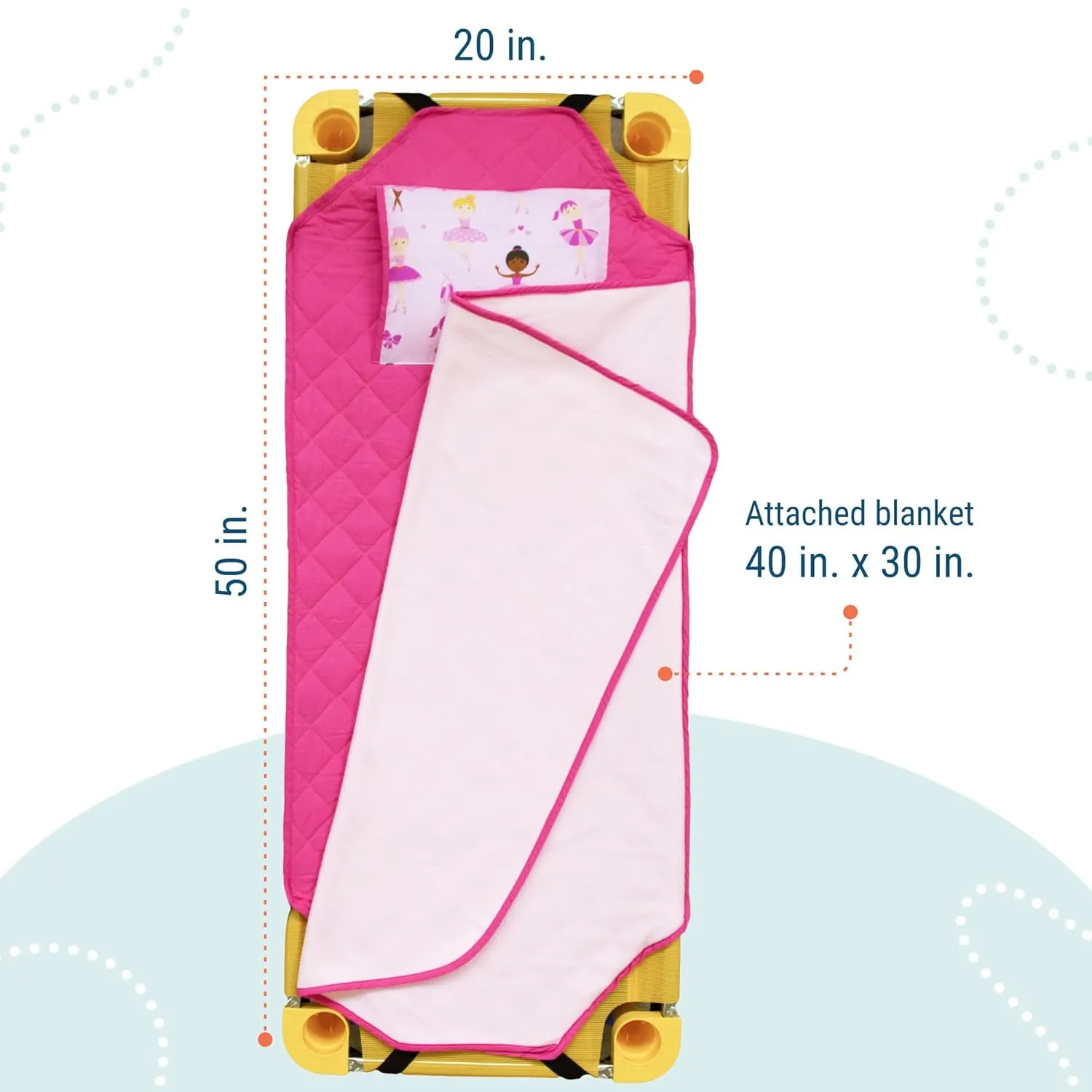 Wildkin Modern Kids Nap Mat – Soft Cotton Blend with Pillow & Elastic Straps for School & Travel - Ballerina
