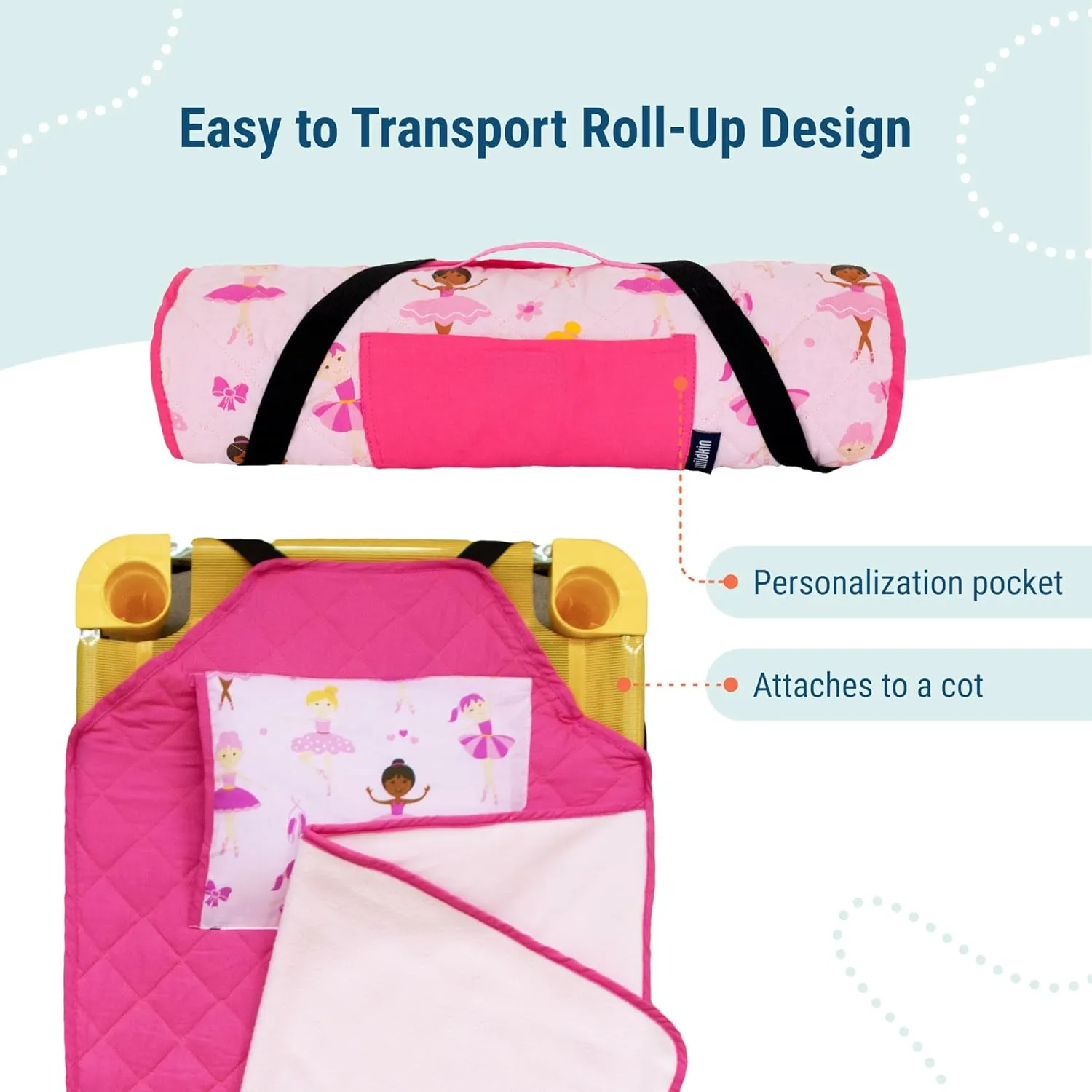 Wildkin Modern Kids Nap Mat – Soft Cotton Blend with Pillow & Elastic Straps for School & Travel - Ballerina