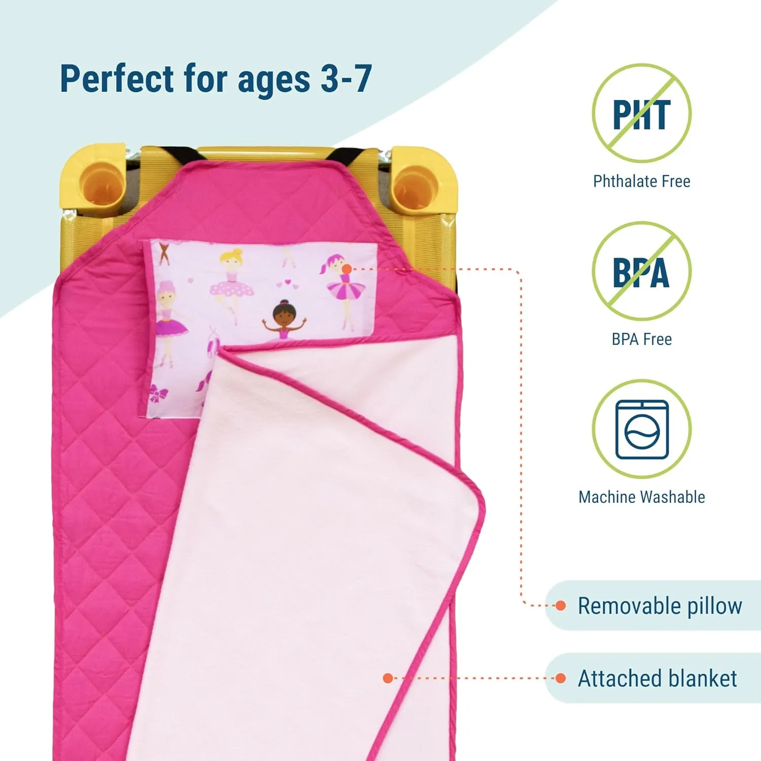 Wildkin Modern Kids Nap Mat – Soft Cotton Blend with Pillow & Elastic Straps for School & Travel - Ballerina