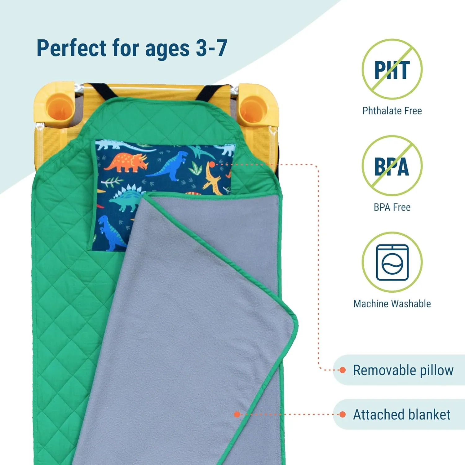 Wildkin Modern Kids Nap Mat – Soft Cotton Blend with Pillow & Elastic Straps for School & Travel - Jurassic Dinosaurs