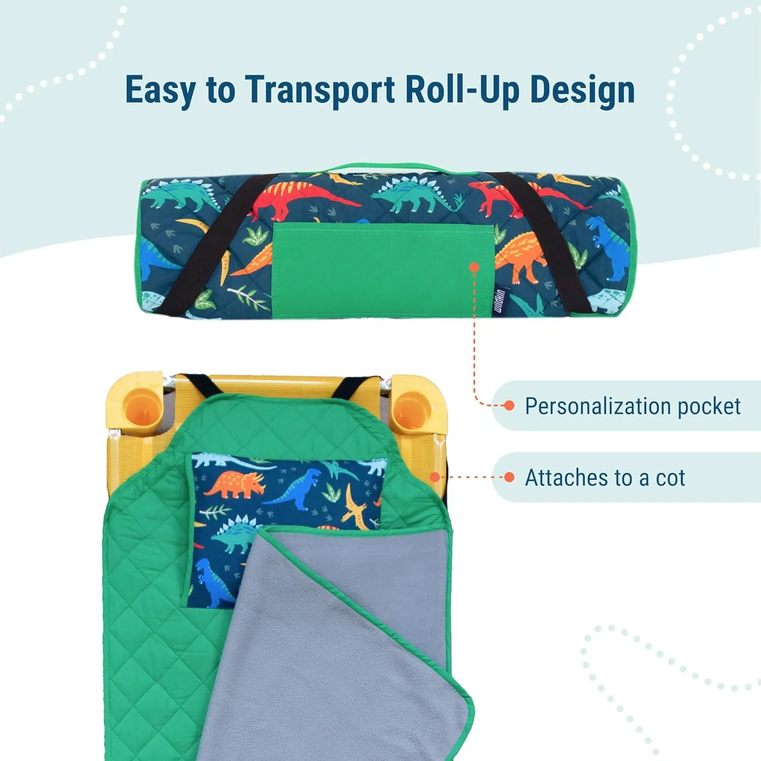 Wildkin Modern Kids Nap Mat – Soft Cotton Blend with Pillow & Elastic Straps for School & Travel - Jurassic Dinosaurs
