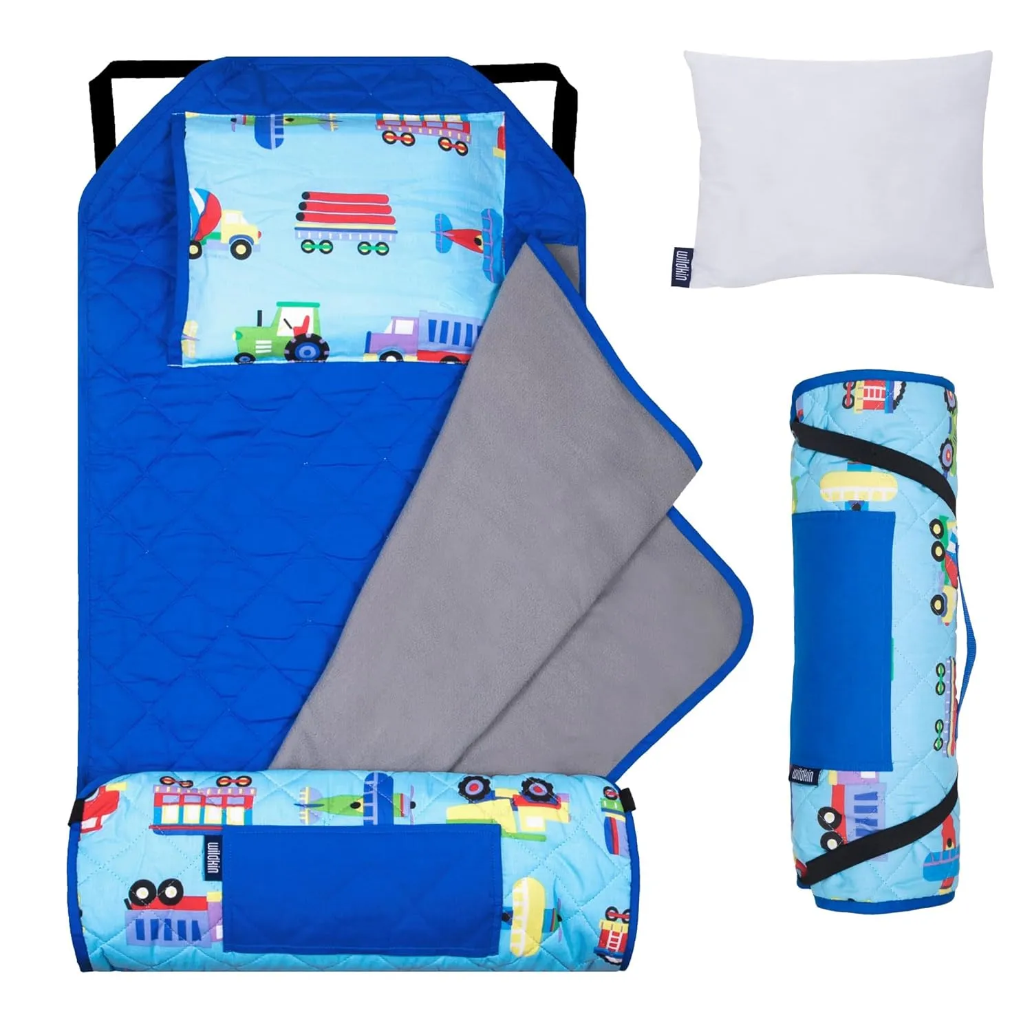 Wildkin Modern Kids Nap Mat – Soft Cotton Blend with Pillow & Elastic Straps for School & Travel - Trains, Planes, and Trucks