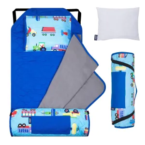 Wildkin Modern Kids Nap Mat – Soft Cotton Blend with Pillow & Elastic Straps for School & Travel - Trains, Planes, and Trucks