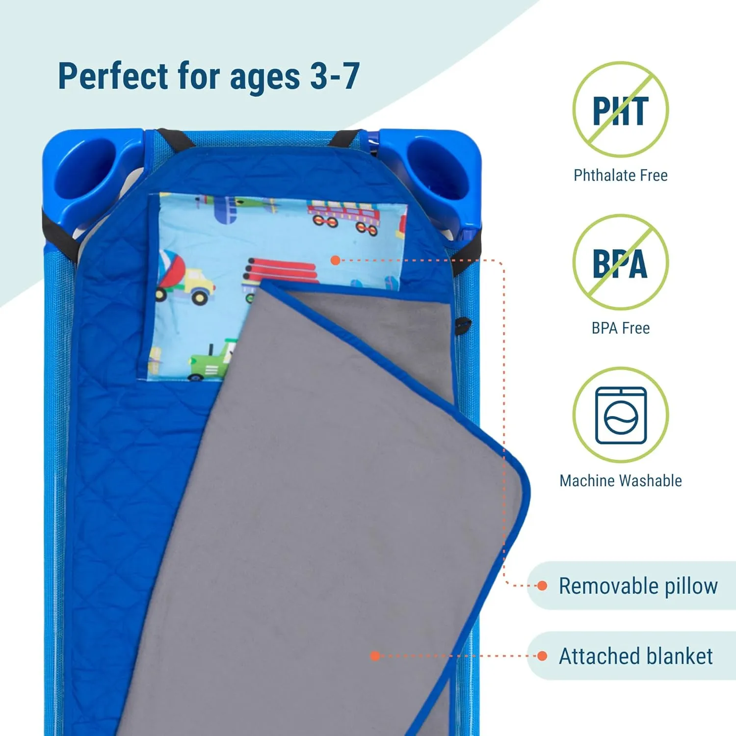 Wildkin Modern Kids Nap Mat – Soft Cotton Blend with Pillow & Elastic Straps for School & Travel - Trains, Planes, and Trucks