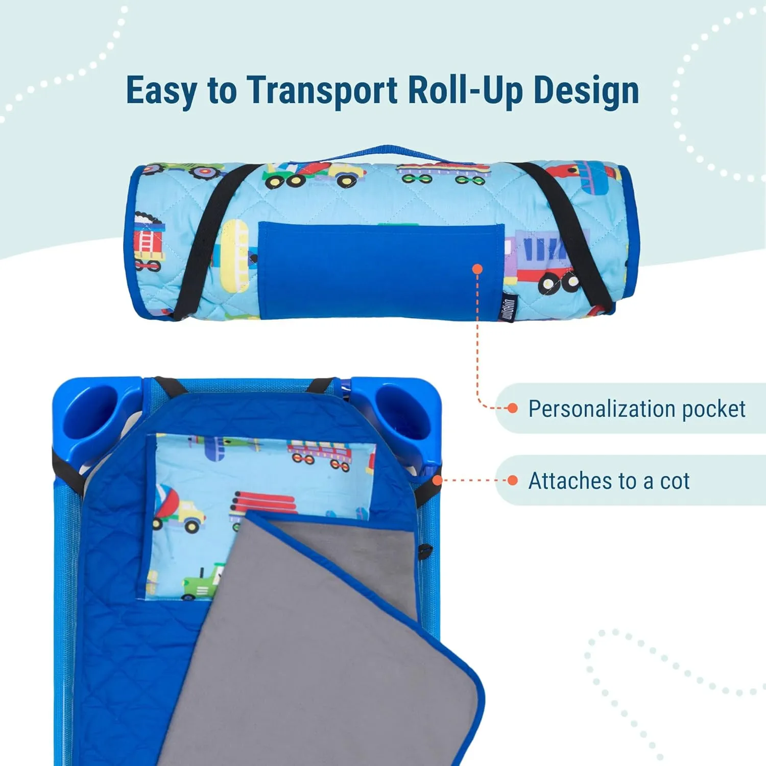 Wildkin Modern Kids Nap Mat – Soft Cotton Blend with Pillow & Elastic Straps for School & Travel - Trains, Planes, and Trucks