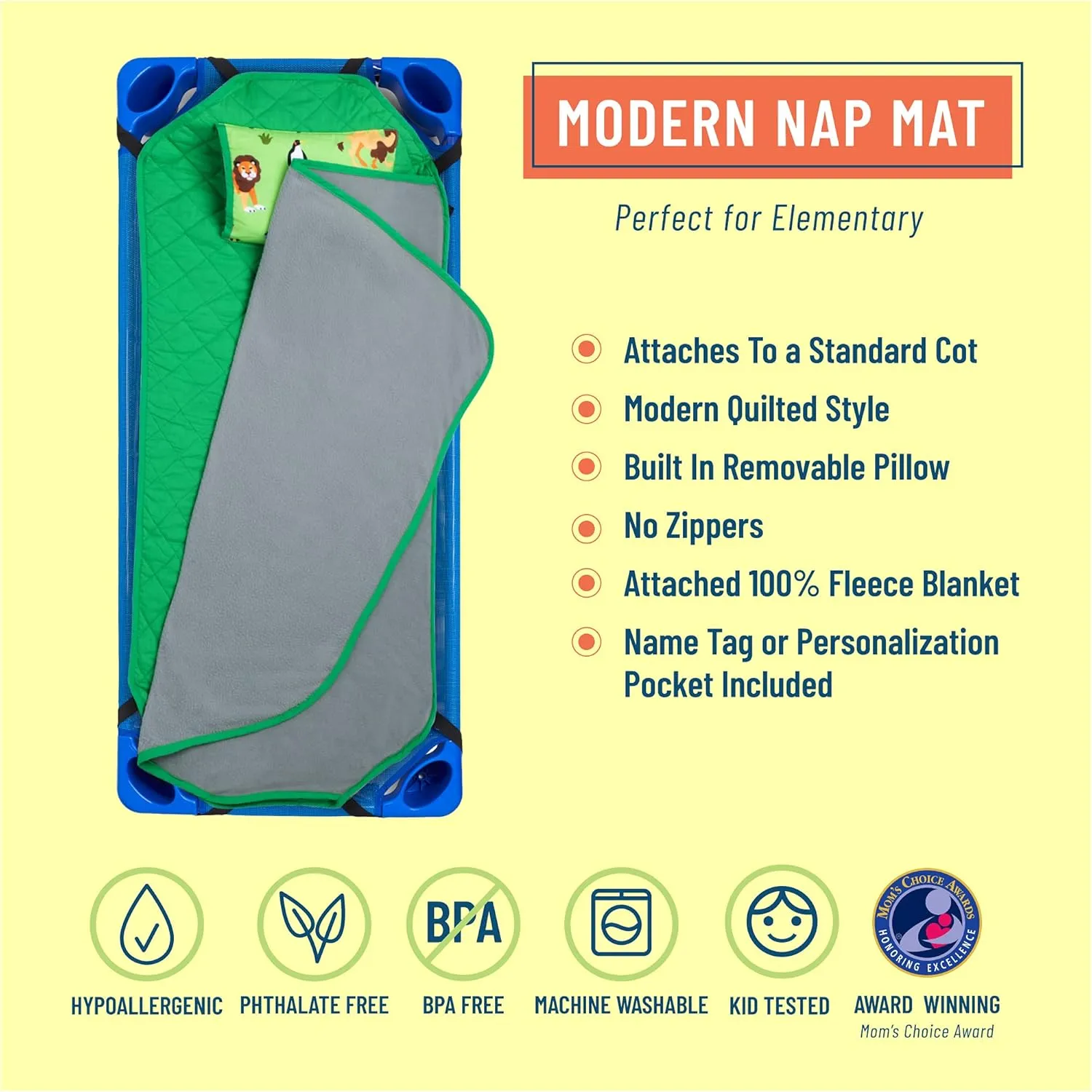 Wildkin Modern Kids Nap Mat – Soft Cotton Blend with Pillow & Elastic Straps for School & Travel - Wild Animals