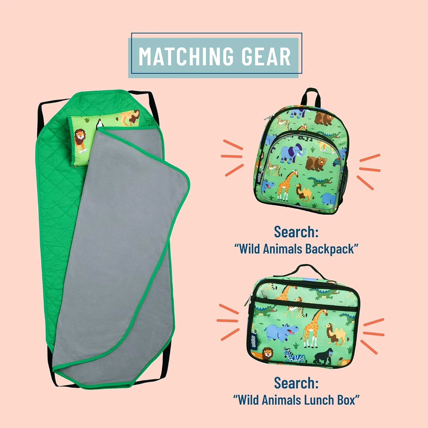 Wildkin Modern Kids Nap Mat – Soft Cotton Blend with Pillow & Elastic Straps for School & Travel - Wild Animals