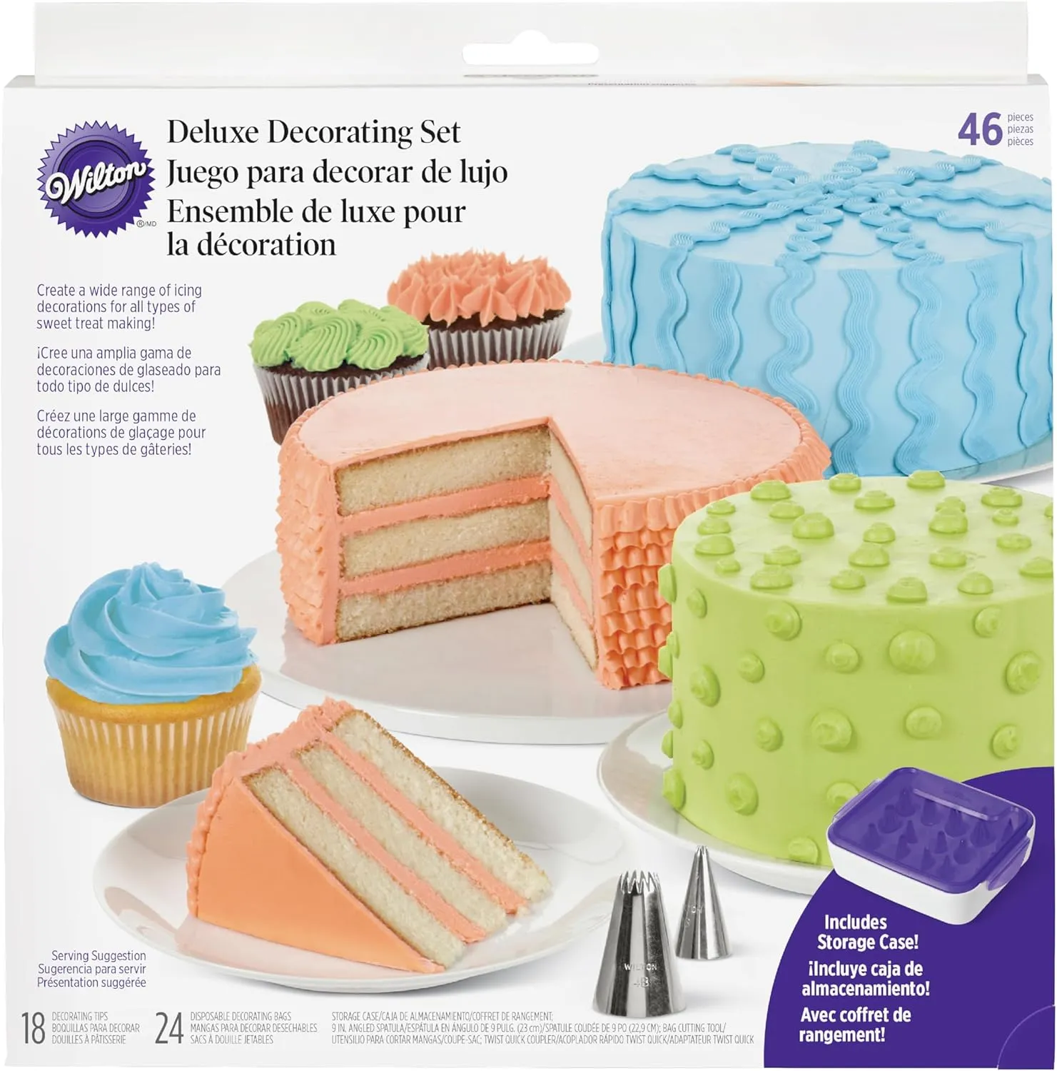 Wilton Cake Decorating Supplies Kit - Decorate Treats with Your Organized Decorating Tool Set, Disposable Pastry Bags, Stainless Steel Icing Tips and Spatula, 46-Piece