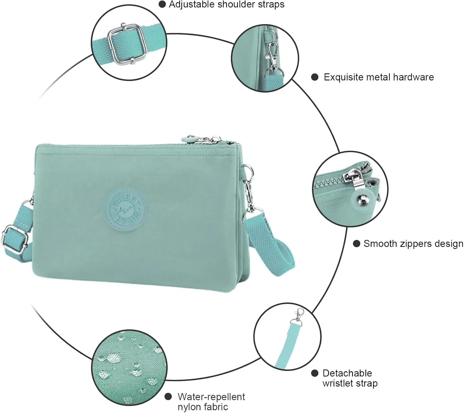 WITERY Wristlet Purse for Women - Waterproof Nylon Multi Pocket Small Clutch Purse with Shoulder and Wrist Straps