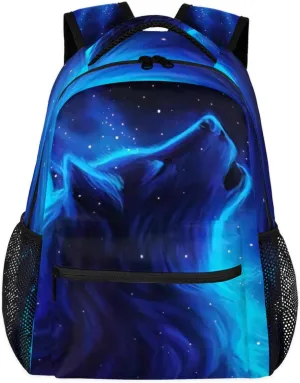 Wolf Backpacks for Boys Girls, Blue Galaxy Cool Wolf Lightweight School Backpack Laptop College Bookbag, Travel Casual Daypack, Hiking Camping Computer Rucksack