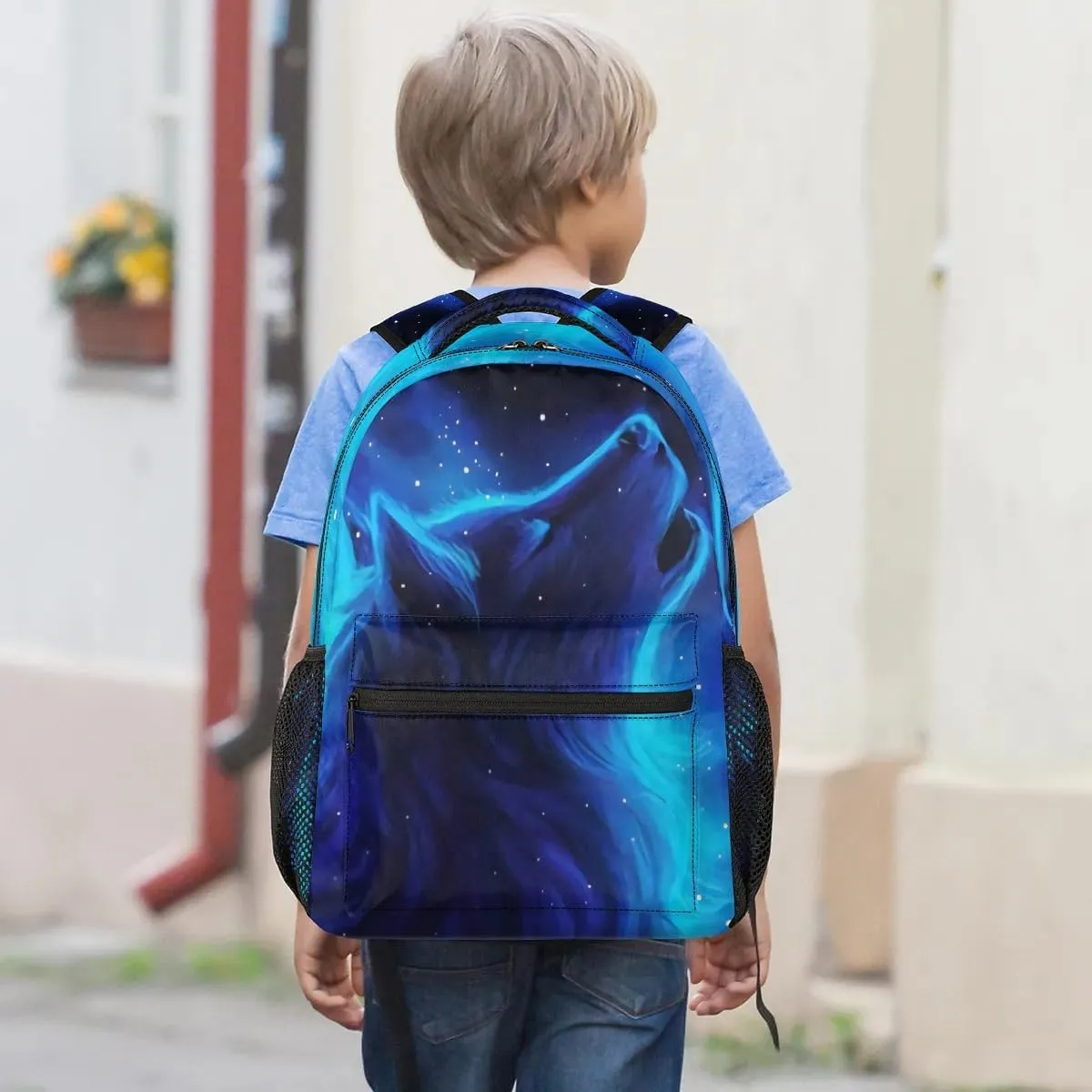 Wolf Backpacks for Boys Girls, Blue Galaxy Cool Wolf Lightweight School Backpack Laptop College Bookbag, Travel Casual Daypack, Hiking Camping Computer Rucksack