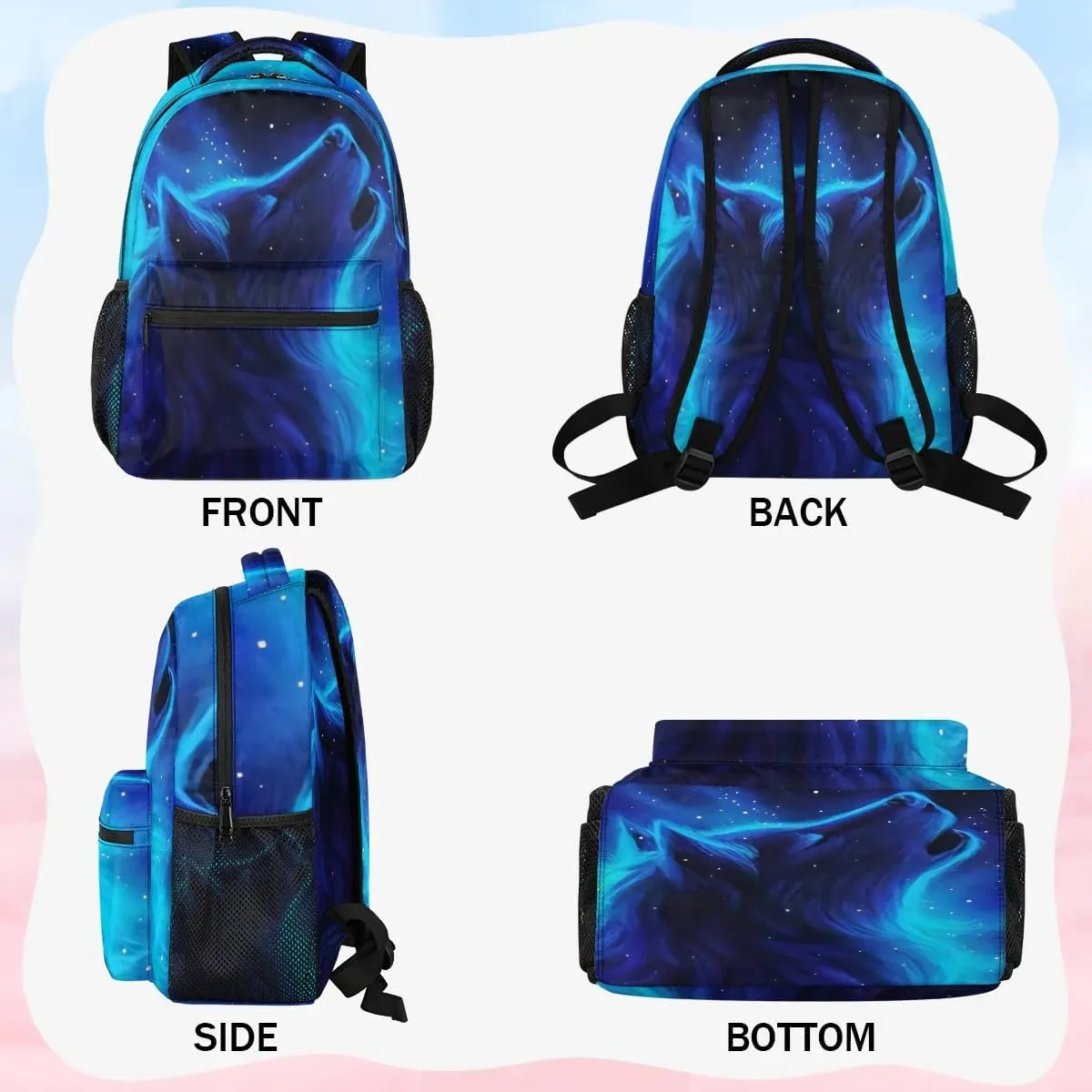 Wolf Backpacks for Boys Girls, Blue Galaxy Cool Wolf Lightweight School Backpack Laptop College Bookbag, Travel Casual Daypack, Hiking Camping Computer Rucksack