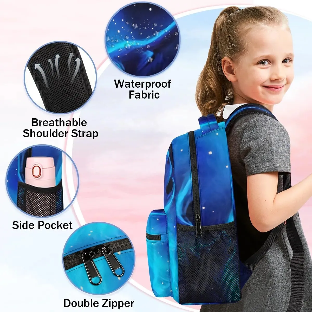 Wolf Backpacks for Boys Girls, Blue Galaxy Cool Wolf Lightweight School Backpack Laptop College Bookbag, Travel Casual Daypack, Hiking Camping Computer Rucksack