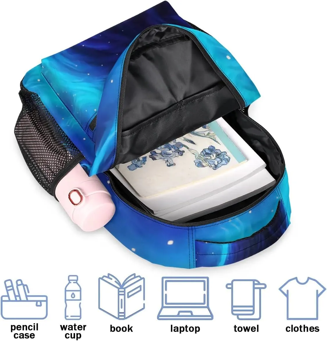 Wolf Backpacks for Boys Girls, Blue Galaxy Cool Wolf Lightweight School Backpack Laptop College Bookbag, Travel Casual Daypack, Hiking Camping Computer Rucksack