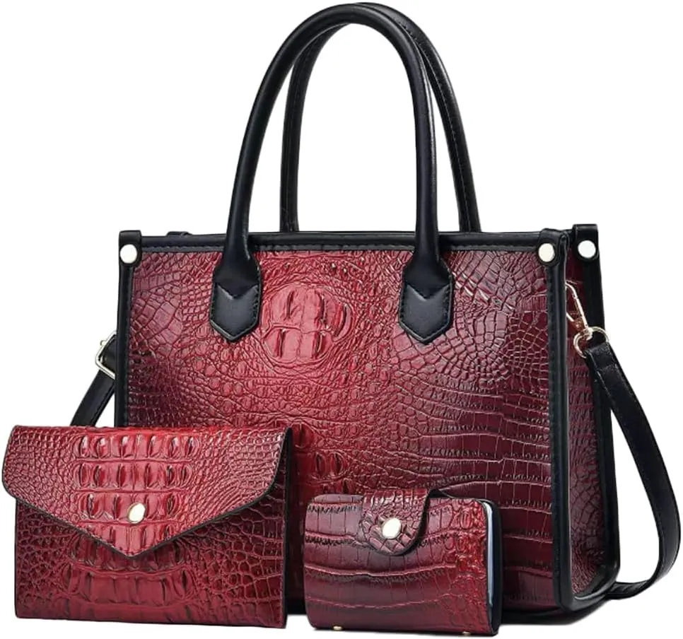 Women 3pcs Handbag and Purse Crocodile Pattern Totes Satchel Clutch Wallet Card Holder