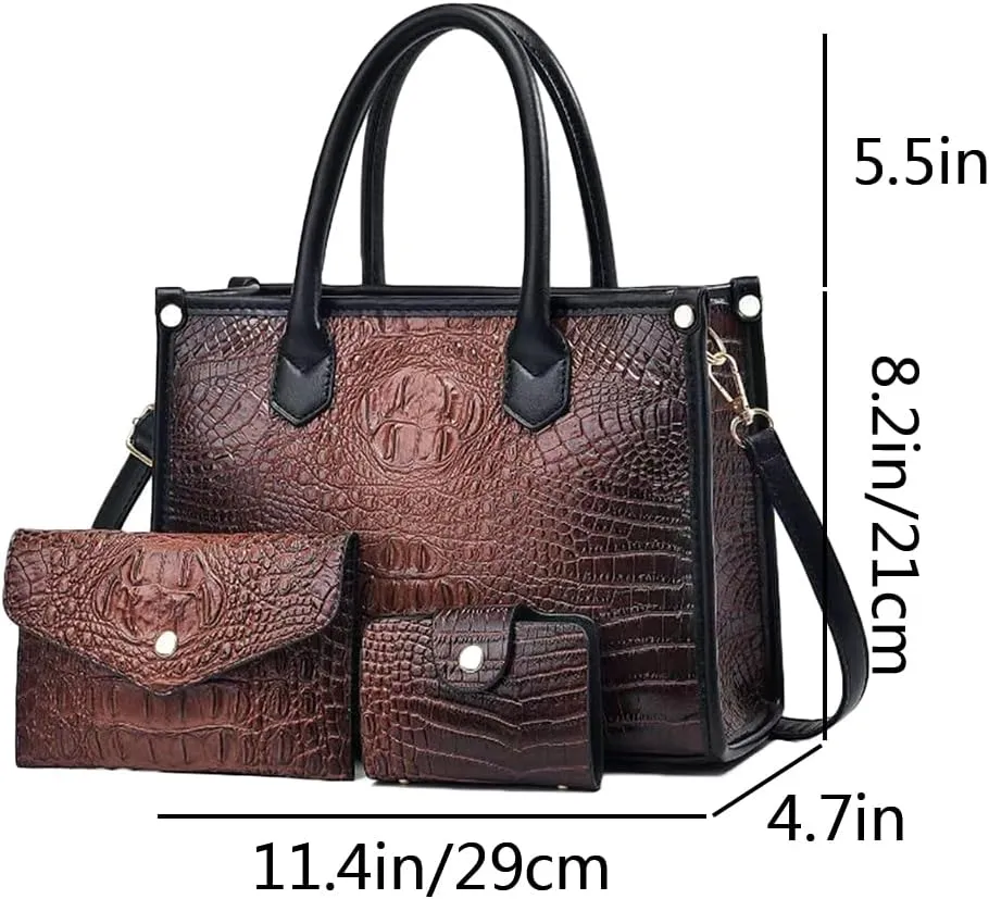 Women 3pcs Handbag and Purse Crocodile Pattern Totes Satchel Clutch Wallet Card Holder
