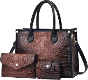 Women 3pcs Handbag and Purse Crocodile Pattern Totes Satchel Clutch Wallet Card Holder