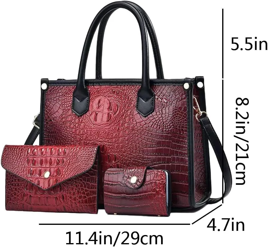 Women 3pcs Handbag and Purse Crocodile Pattern Totes Satchel Clutch Wallet Card Holder