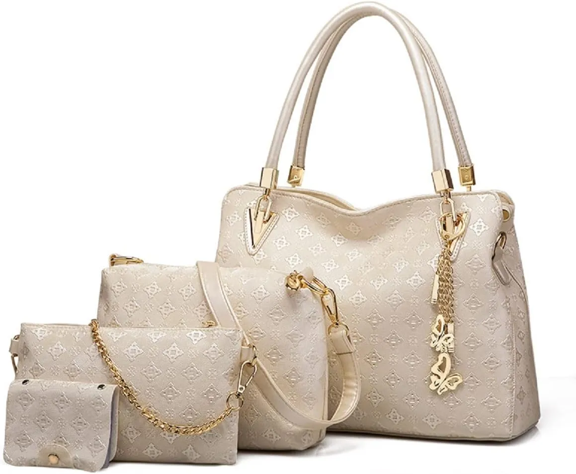 Women Fashion Synthetic Leather Handbags Tote Bag Shoulder Bag Top Handle Satchel Purse with Pendant Set 4pcs