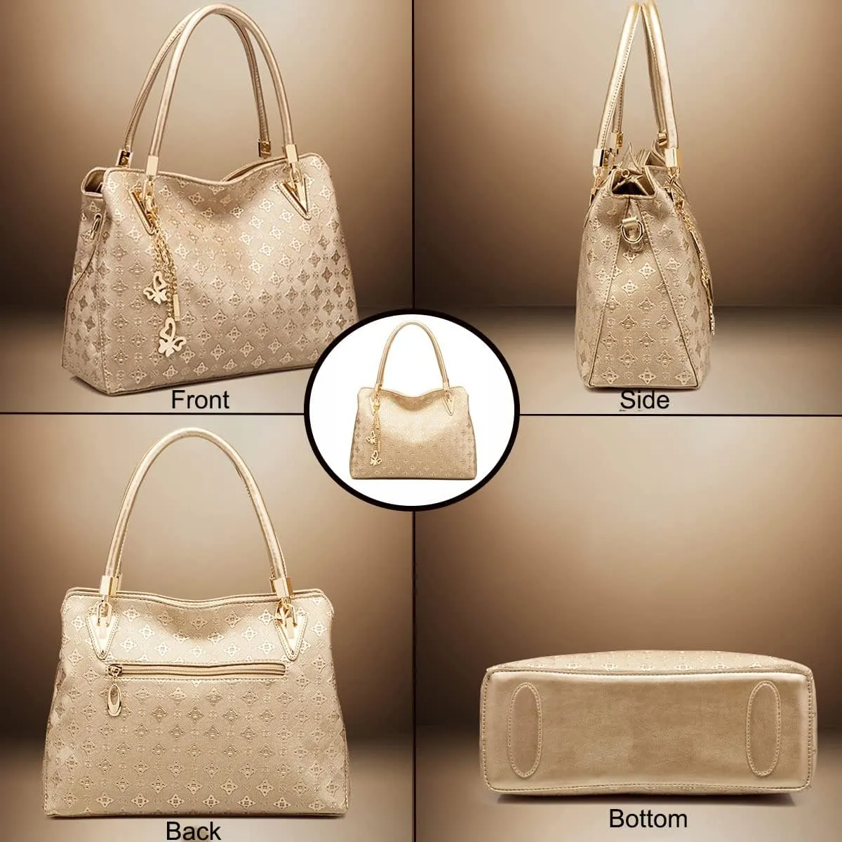 Women Fashion Synthetic Leather Handbags Tote Bag Shoulder Bag Top Handle Satchel Purse with Pendant Set 4pcs