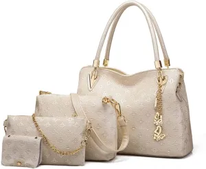 Women Fashion Synthetic Leather Handbags Tote Bag Shoulder Bag Top Handle Satchel Purse with Pendant Set 4pcs