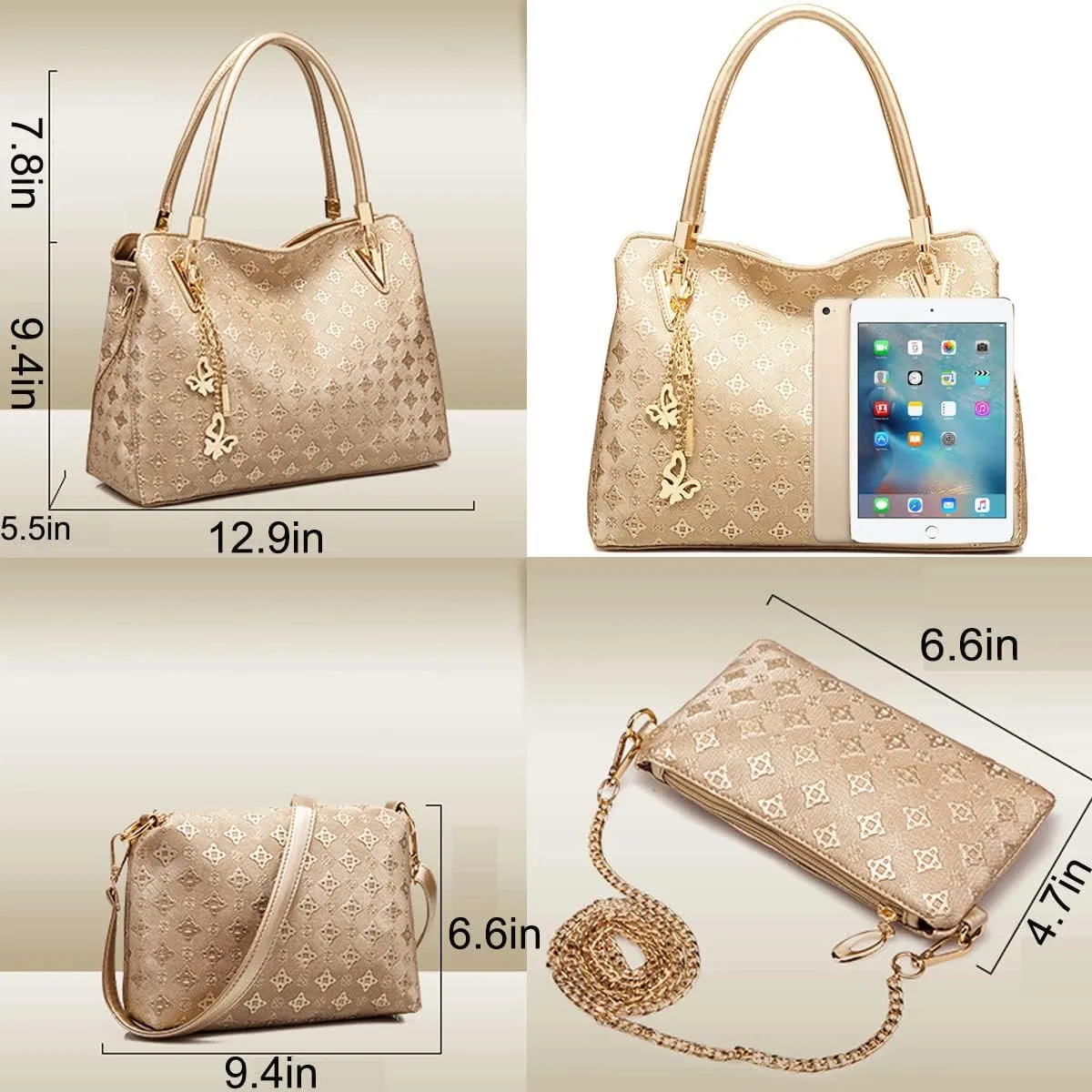 Women Fashion Synthetic Leather Handbags Tote Bag Shoulder Bag Top Handle Satchel Purse with Pendant Set 4pcs