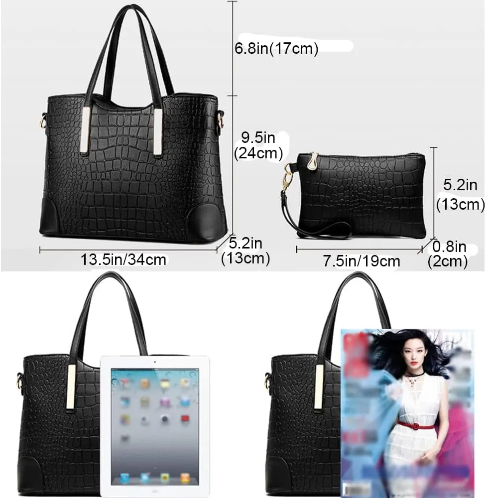Women Handbags and Purse Set Vegan Leather Tote Bags Shoulder Bag Satchel Crocodile Texture Handbag Wallet 2 Pcs