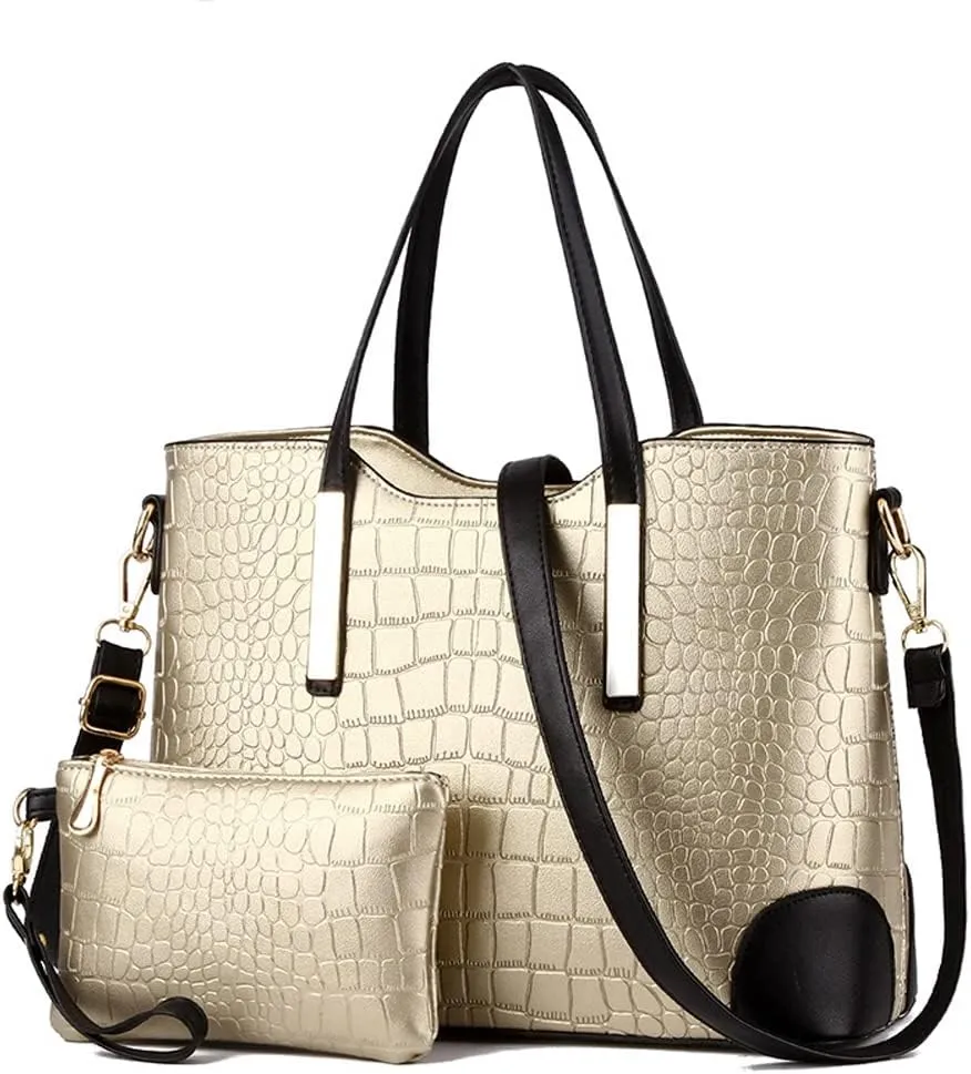 Women Handbags and Purse Set Vegan Leather Tote Bags Shoulder Bag Satchel Crocodile Texture Handbag Wallet 2 Pcs