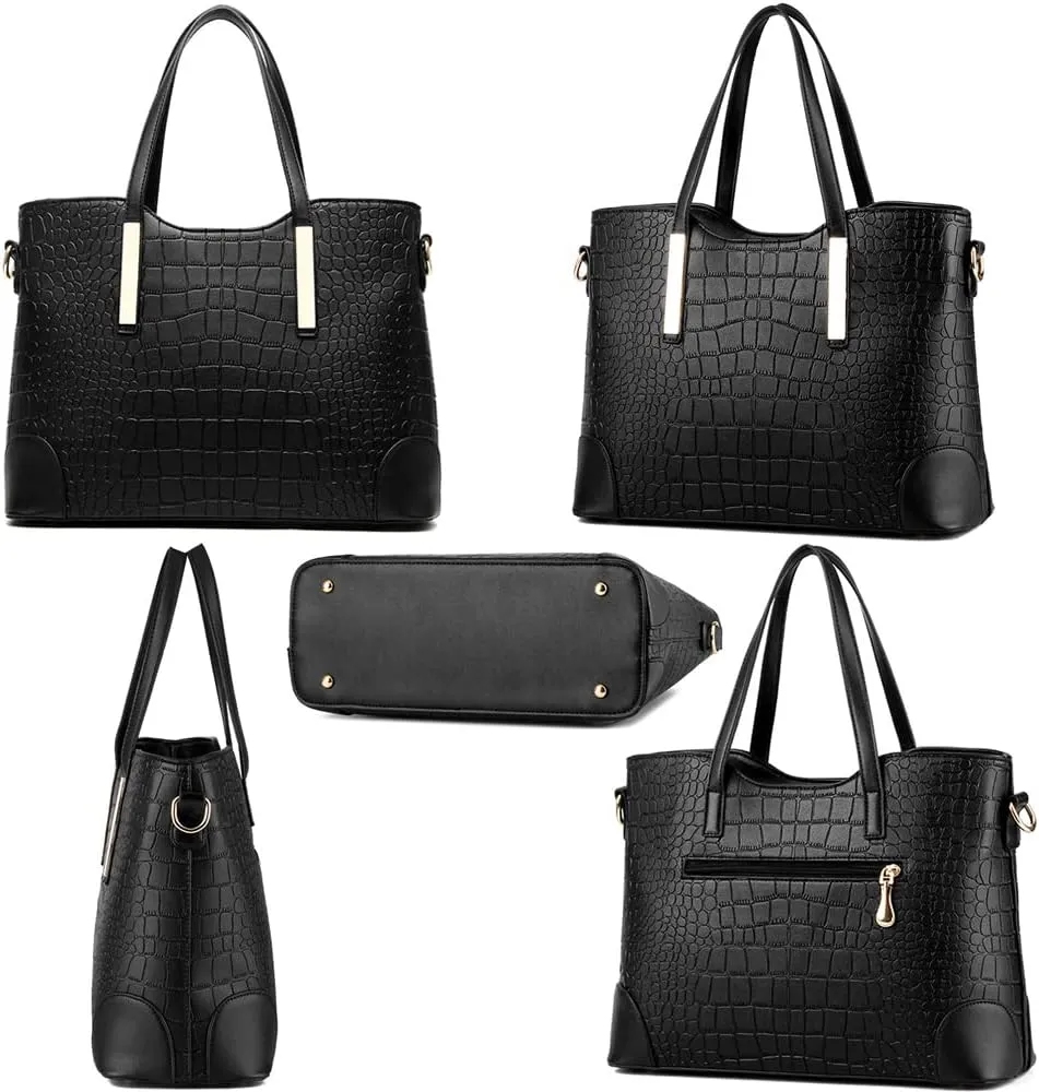 Women Handbags and Purse Set Vegan Leather Tote Bags Shoulder Bag Satchel Crocodile Texture Handbag Wallet 2 Pcs