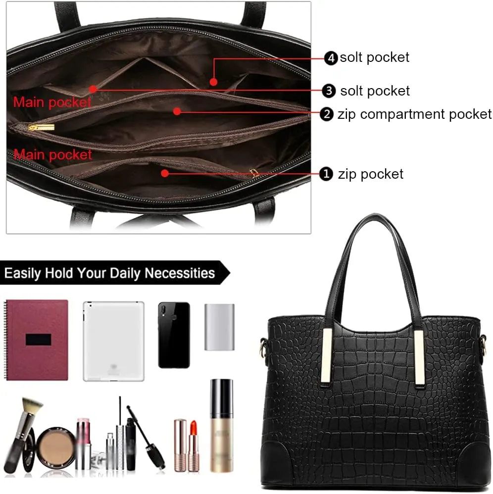 Women Handbags and Purse Set Vegan Leather Tote Bags Shoulder Bag Satchel Crocodile Texture Handbag Wallet 2 Pcs