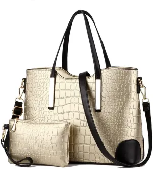 Women Handbags and Purse Set Vegan Leather Tote Bags Shoulder Bag Satchel Crocodile Texture Handbag Wallet 2 Pcs