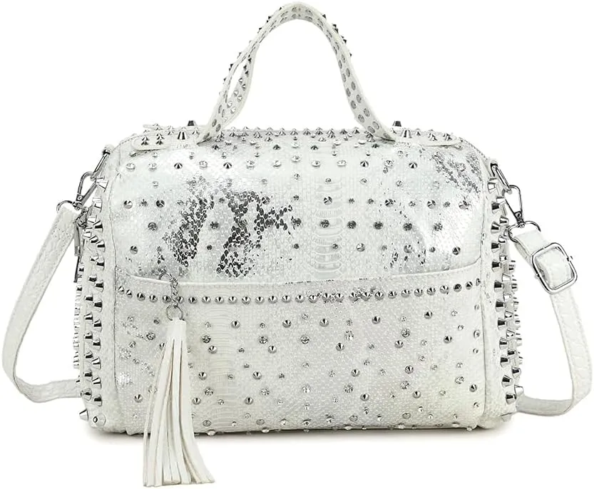 Women Rivets Boston Handbag Snake Print Patent Leather Shoulder Purse Travel Shopper Crossbody Satchel with Tassel