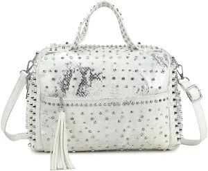 Women Rivets Boston Handbag Snake Print Patent Leather Shoulder Purse Travel Shopper Crossbody Satchel with Tassel
