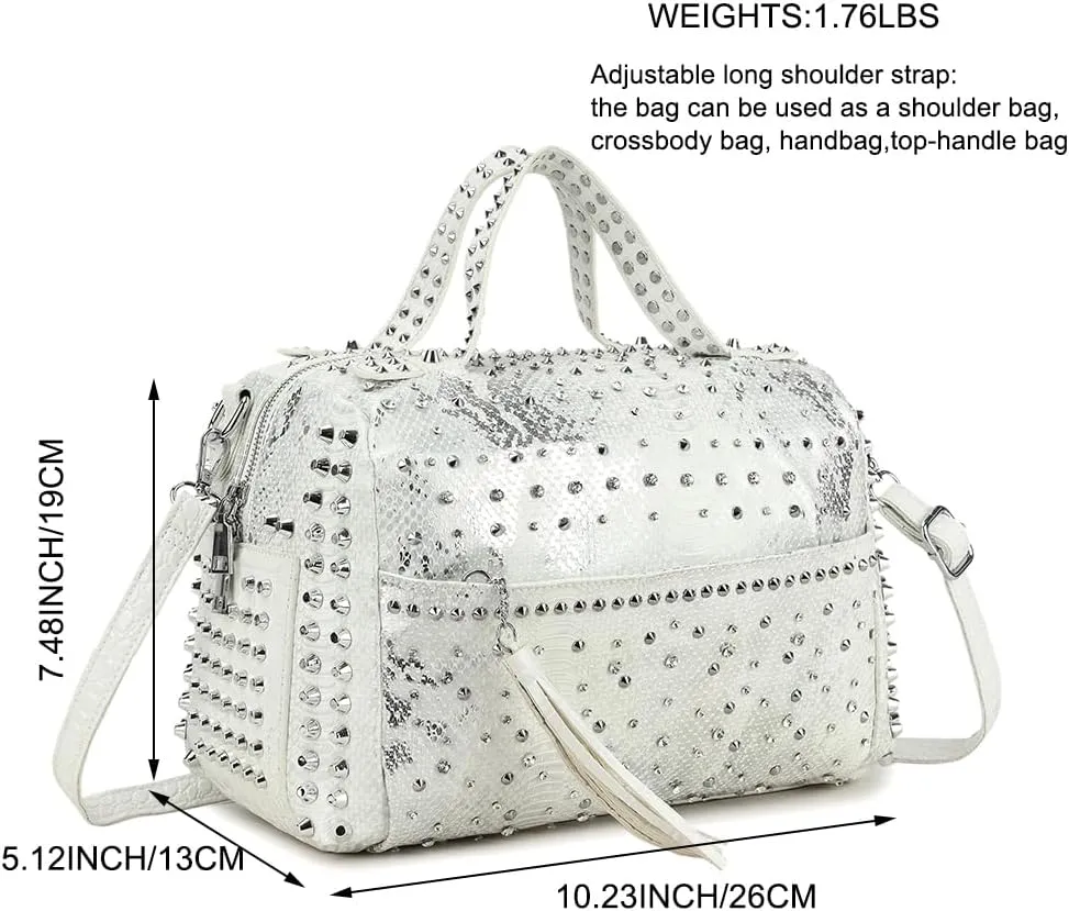 Women Rivets Boston Handbag Snake Print Patent Leather Shoulder Purse Travel Shopper Crossbody Satchel with Tassel