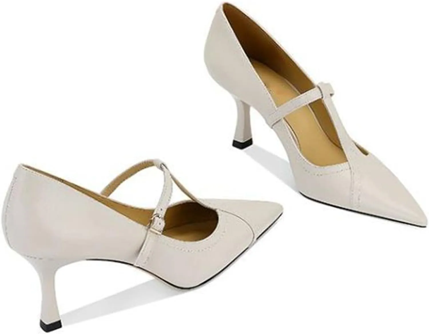 Women's Formal Leather Kitten Heel Pumps Elegant Pointed Toe Adjustable Ankle Strap T-Strap Stiletto Work Shoes for Weddings Dances Work