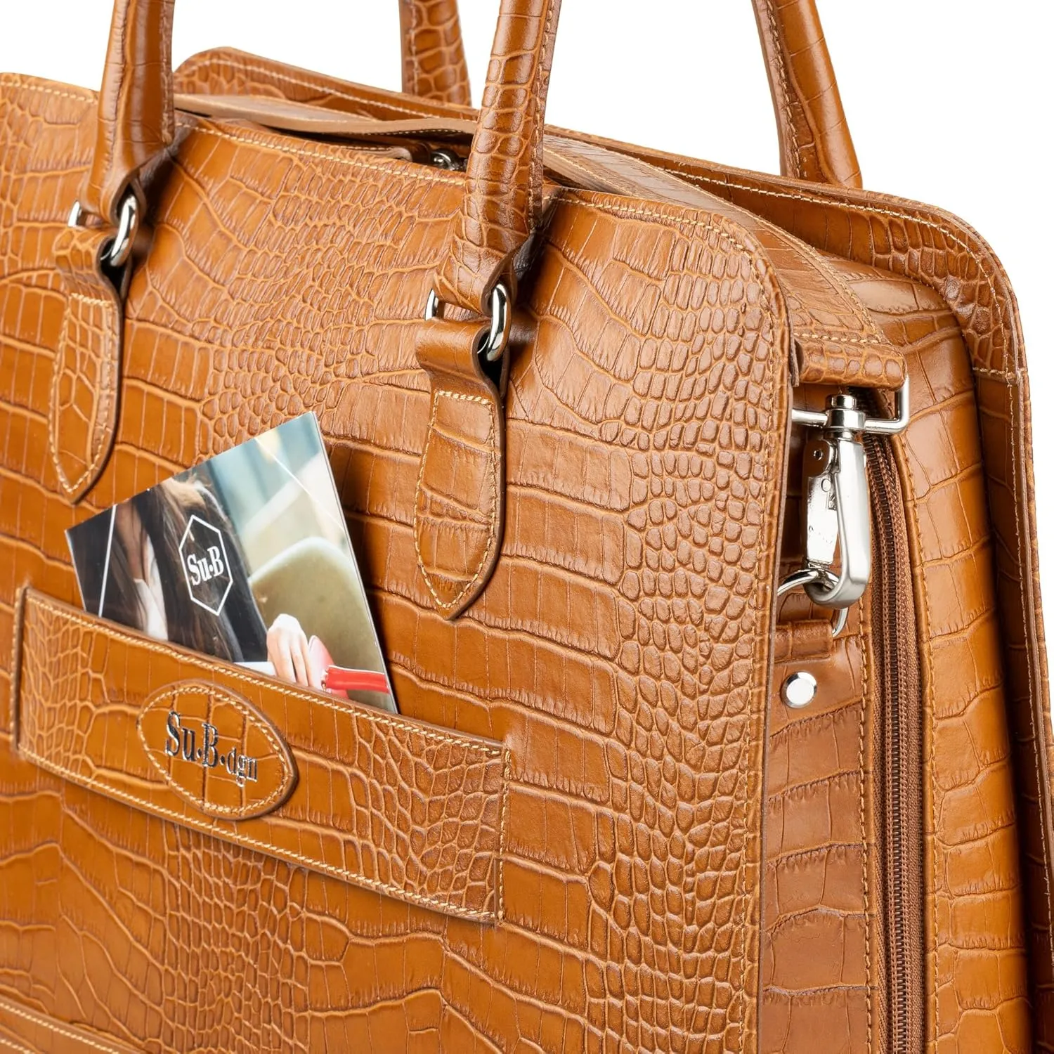 Women’s Laptop Bag – Fits 14" and 13" Laptops, Croco Print Leather, Dutch Design, Made in Italy, with Trolley Strap