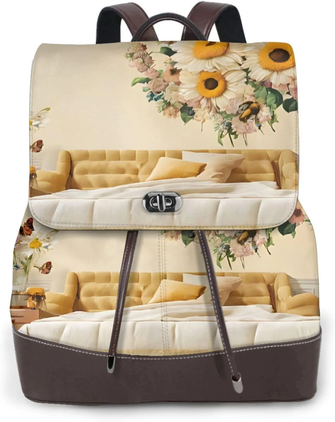 Women's Leather Backpack, Daily Travel Work Shoulders Bags for Ladies Gift - Rural Bees Wildflowers