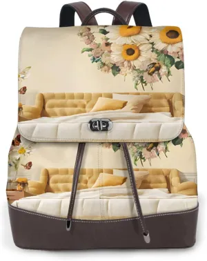 Women's Leather Backpack, Daily Travel Work Shoulders Bags for Ladies Gift - Rural Bees Wildflowers