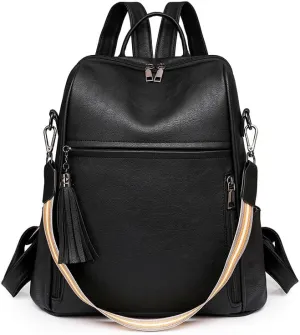 Women's Leather Backpack Purse with Tassel, Convertible Women Shoulder Bags, Fashion Handbags for Work Travel (Black)