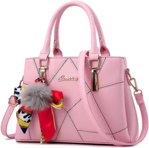 Womens Leather Handbags Purses Top-handle Totes Satchel Shoulder Bag for Ladies With Pompon and Bowknot