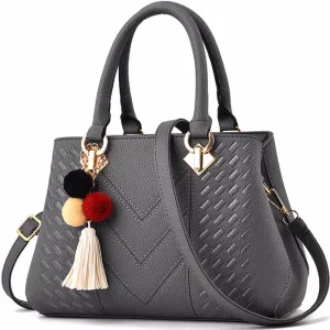 Womens Leather Handbags Purses Top-handle Totes Satchel Shoulder Bag for Ladies with Pompon and Tassel