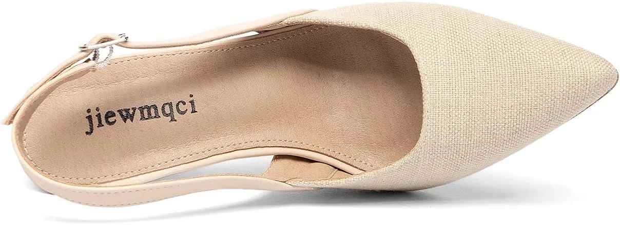 Women's Slingback Heels, Canvas and Leather, Beige and Brown, Pointed Toe, Work Career, Colour Blocking Sexy Pointed Toe Heels